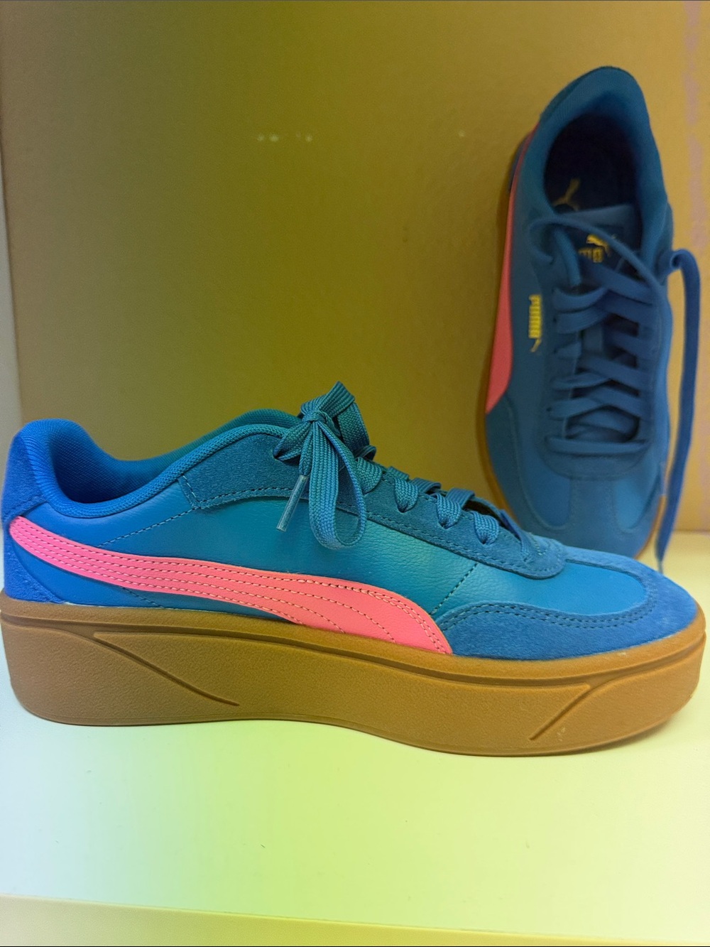 Puma Teal Blue Sneakers with Pink Stripe and Brown Platform